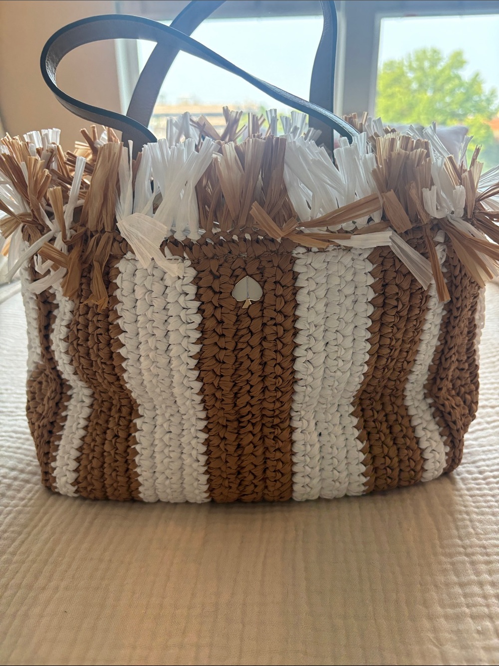 Woven Straw Stripe Tote Bag in Brown and White